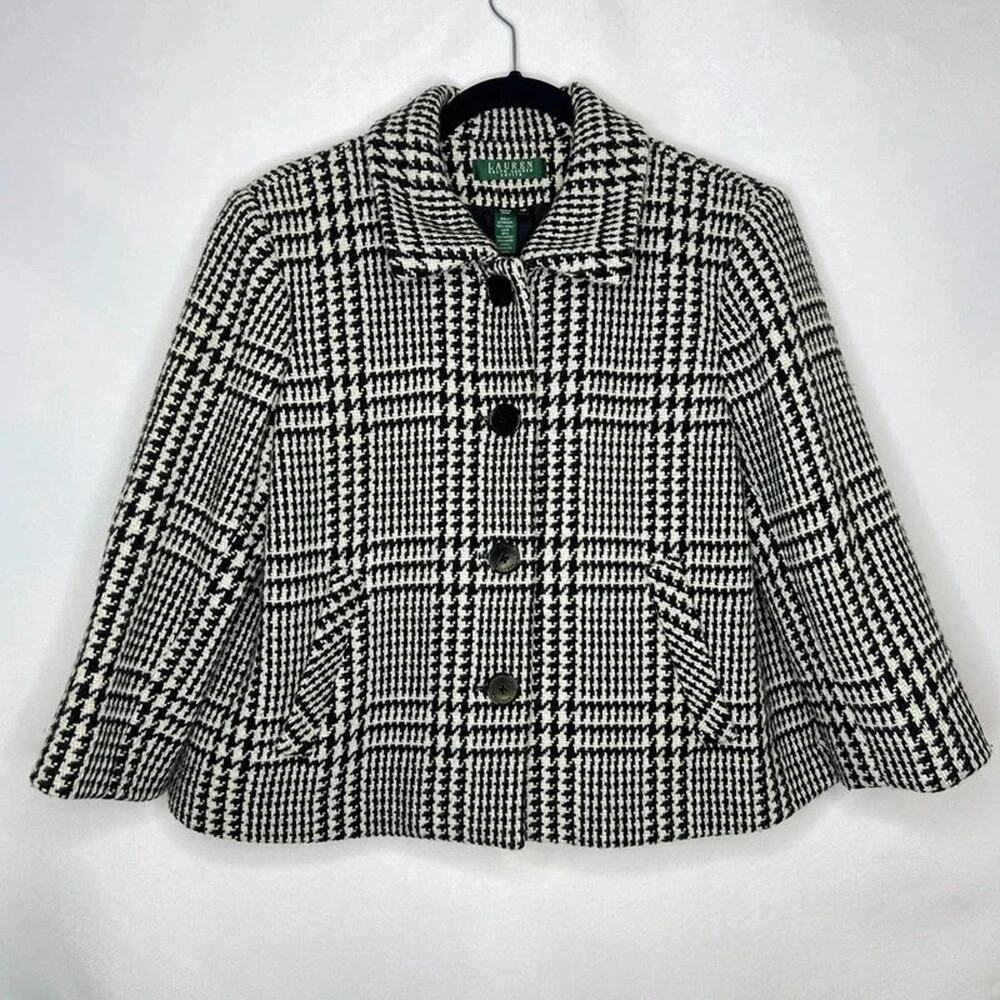 Vintage Ralph Lauren Wool Blend 3/4 Sleeve Houndstooth Print Coat Size 14P